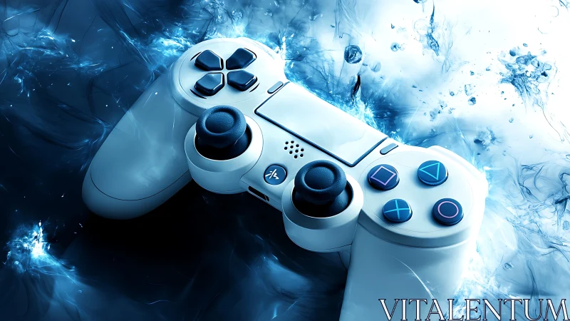 White game controller on intense blue liquid energy background.