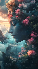 Serene goddess of nature dreams above a misty fantasy valley
