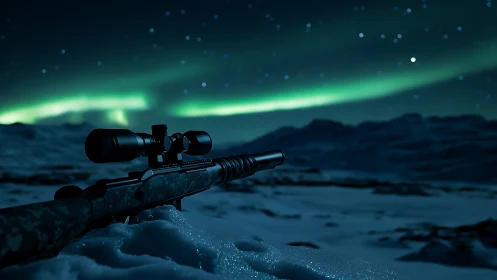 Scoped rifle positioned on snowy terrain beneath aurora borealis.