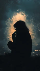 Silhouetted thinker folds into twilight while embers bloom behind