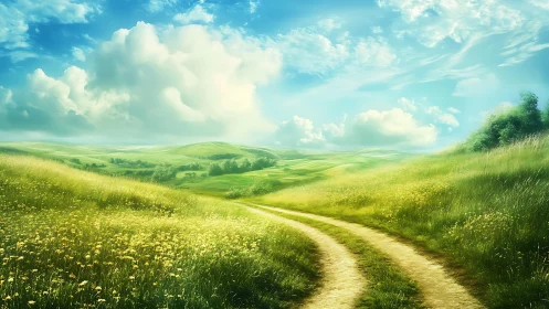 Curving dirt path through sunlit wildflower meadows under clouds