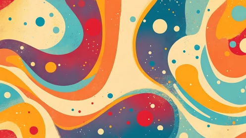 Curved multicolor bands and circles form layered abstract pattern