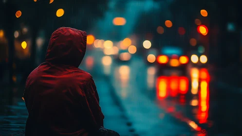 Figure in red hood observes defocused city traffic at night