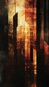 Vertical urban monoliths in molten amber geometric abstraction.