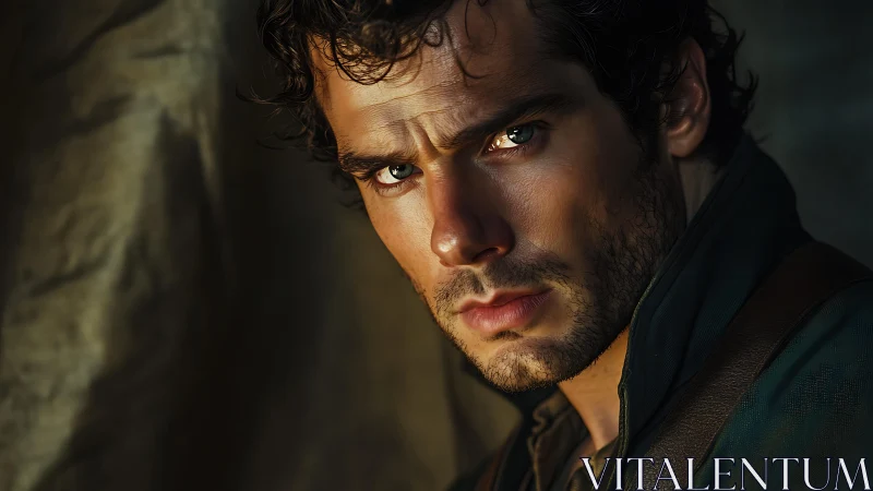 Photorealistic cinematic male portrait with dramatic chiaroscuro.