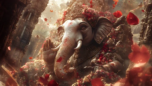 Ornate elephant deity sculpture amid dynamic rose-petal vortex.