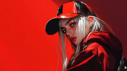 Scarlet street muse in a blazing cap and hooded armor.