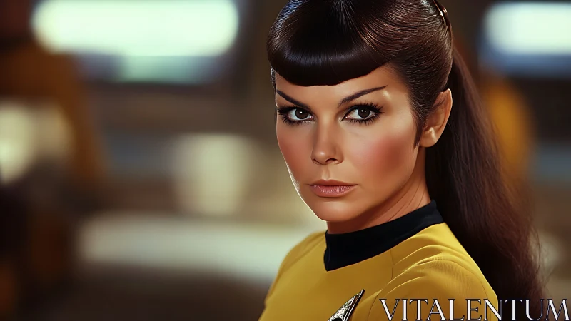 Woman in yellow uniform rendered in detailed digital portrait