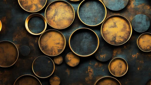 Abstract golden circular shapes on textured blue background.