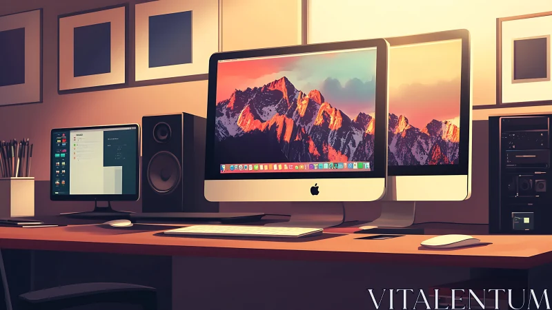Digital studio desk with dual iMac setup at sunset glow.