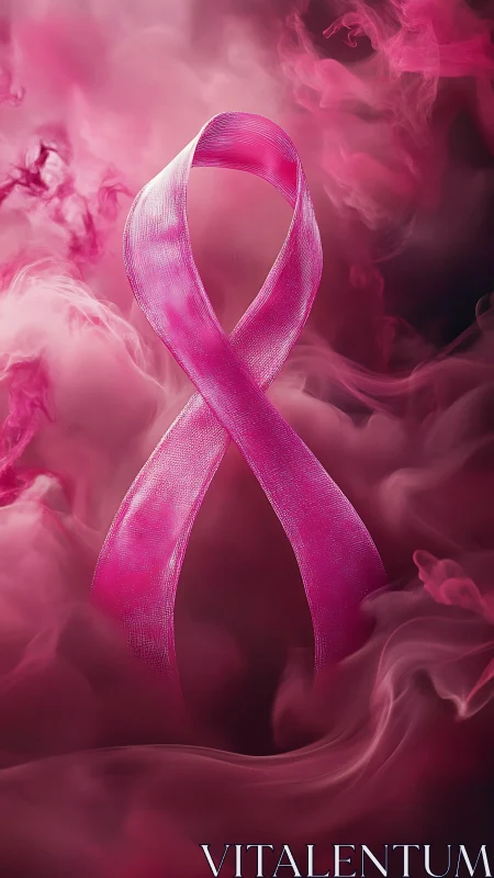 Pink awareness ribbon rises amid swirling pink smoke