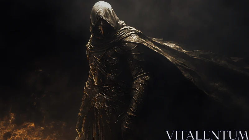 Hooded armored figure stands in low-key, directional lighting