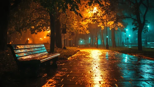 Rain-soaked park bench under neon city night lights.