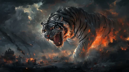 Giant roaring tiger strides through burning war-torn city.