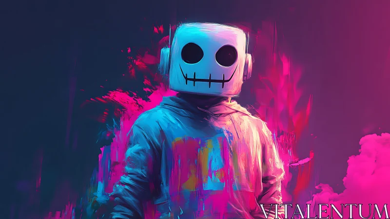 Neon robot character stands in bold pink and blue glow