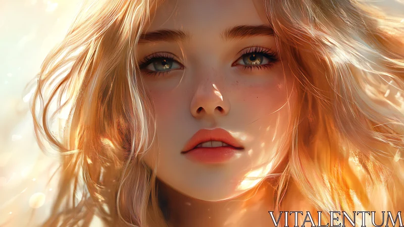 Sunlit digital portrait of blonde girl with soft freckles.