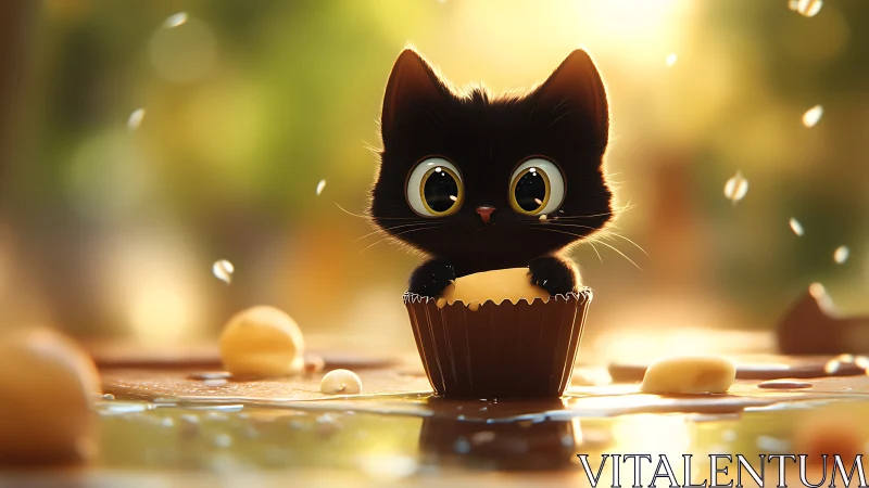 Bright-eyed black kitten cuddled into a tiny candy cup.