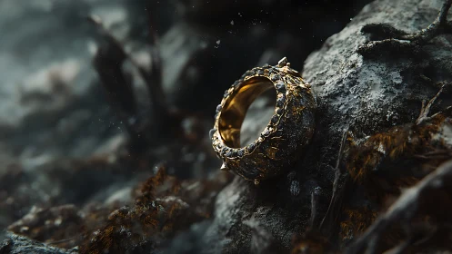 Ancient golden ring rests on weathered stone in misty gloom.