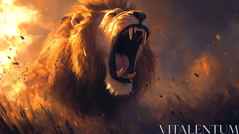 Roaring lion bursts through swirling fire and smoky dusk sky
