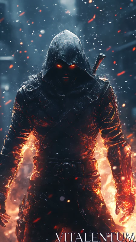 Hooded fiery warrior with glowing eyes in burning haze.