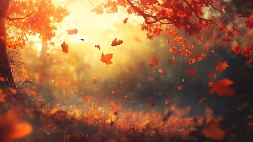Sunlit autumn leaves descend through backlit forest air