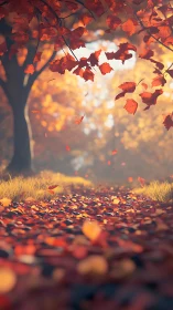 Shallow-depth autumn forest path with drifting red leaves
