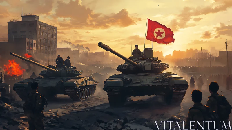 North Korean tanks advance through ruined urban streets.