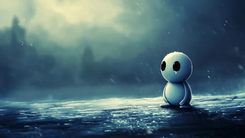 Melancholic chibi figure on icy shoreline in blue rain.