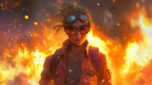 Figure in Red Jacket Amid Intense Fire and Embers.