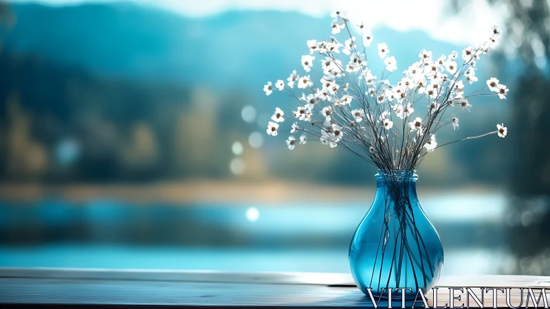 Blue glass vase with white wildflowers on lakeside table.