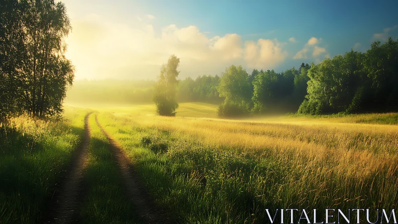 Golden meadow sunrise with receding path perspective rendering.