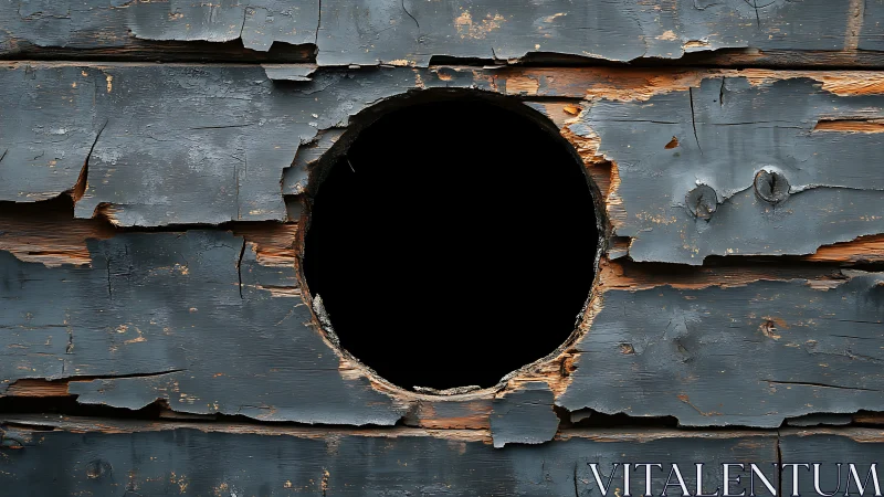 Circular void punctures distressed blue painted wooden siding