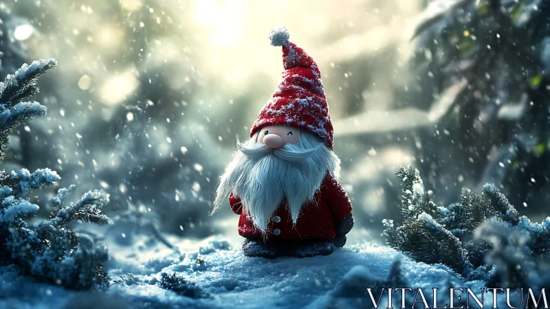 Snow-kissed Christmas gnome guarding a wintry forest dream.