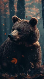 Autumn forest bear draped in ember-lit drifting leaves.