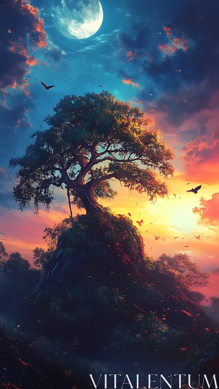 Moonlit sentinel tree dividing night and wildfire dawn.