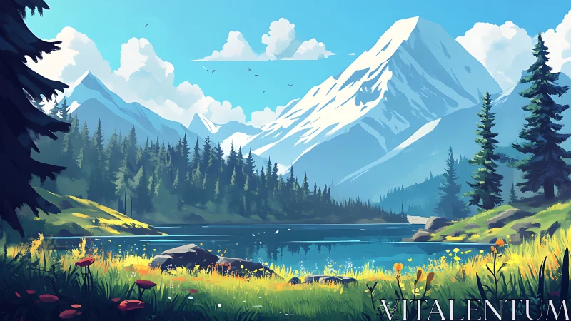 Sunny mountain lake hideaway with bright wildflower meadow.