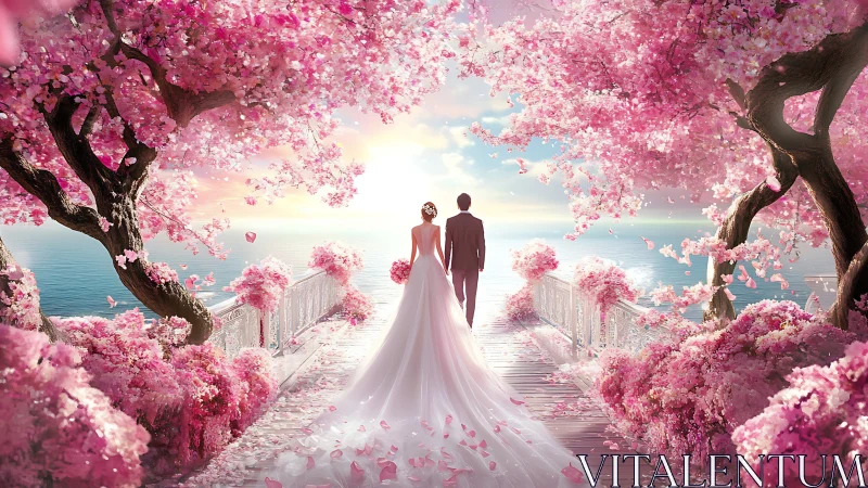 Bride and groom on pink blossom pier at ocean sunset.