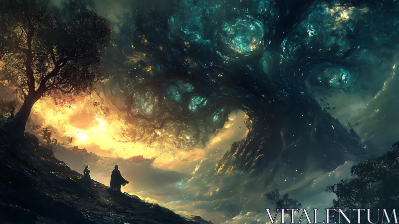 Cosmic vortex sky above cloaked travelers at dusk.