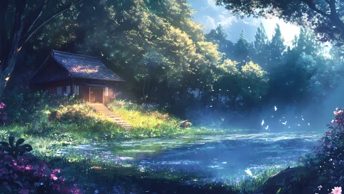 Wooden riverside house in dense forest under daylight.