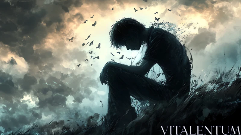 Silhouetted figure disintegrates into birds under storm backlit sky