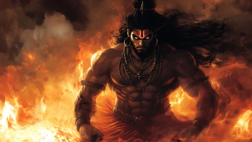 Mythic warrior figure emerging from intense surrounding flames.
