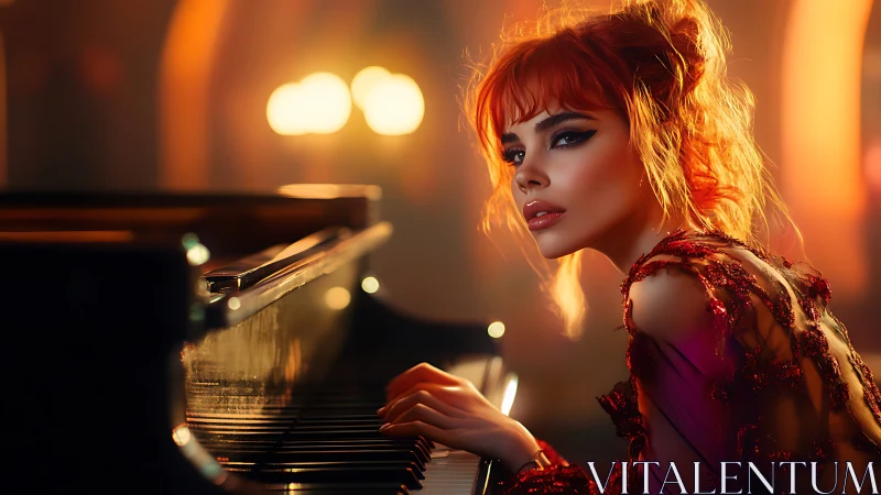 Velvet-haired pianist glows in ember-lit nocturne hush.