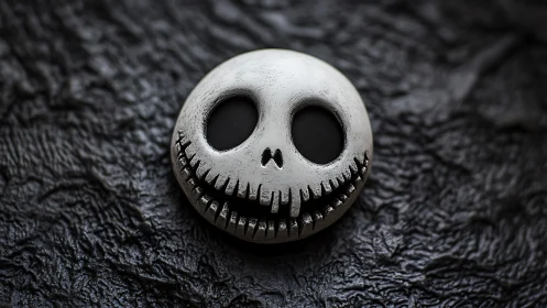 Playfully spooky skull pin resting on dark textured leather.