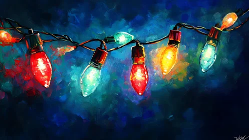 Colorful holiday string lights glow against deep blue night.
