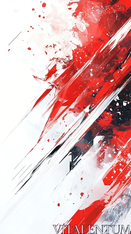 Scarlet velocity slashes through a storm of quiet white.