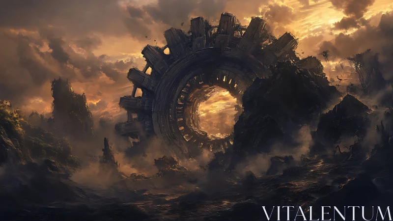 Colossal rusted gear halo yawns open over a stormlit wasteland