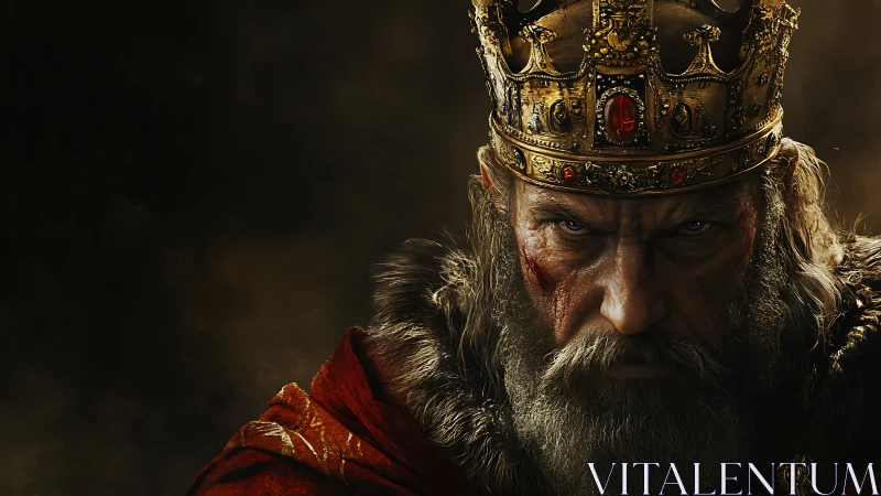 Battle-scarred medieval king in jewel-encrusted crown stares forward