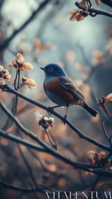 Telephoto study of blue-orange songbird on desaturated blossom branch