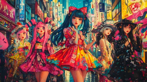 Five stylized girls stand in a neon-lit urban street at night