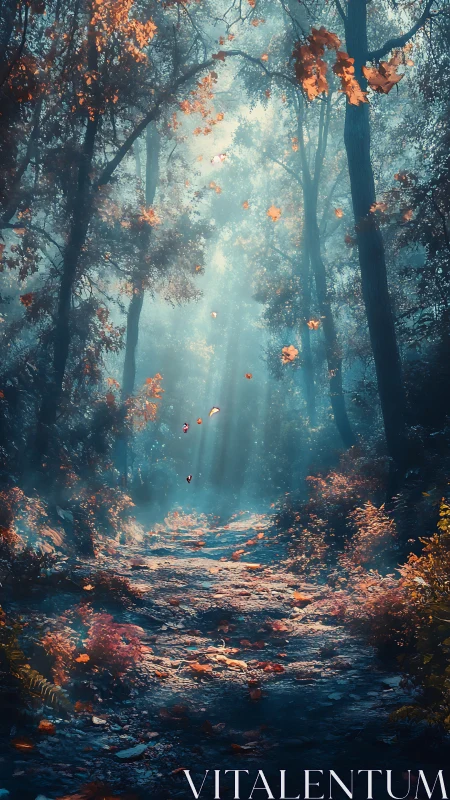 Autumn Forest Path with Ethereal Mist Light